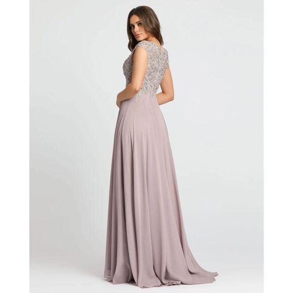 NWT Mac Duggal 20264 Applique Cap Sleeve Bodice Flowy Sequin Gown Lilac Size 6 - Picture 4 of 14